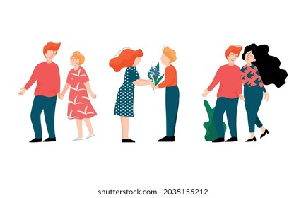 Happy Romantic Couple Walking Holding Hands and Giving Flower Bouquet Vector Set