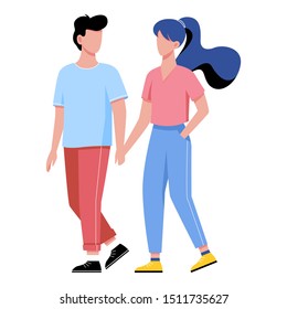 Happy romantic couple walking. Man and woman on the date, romantic relationship. Vector illustration in cartoon style