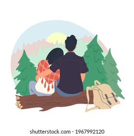 Happy romantic couple watching the sun rise sitting on fallen log in forest, flat vector illustration. Tourists with backpacks hiking, camping, trekking. Summer outdoor activity, tourism, travel.