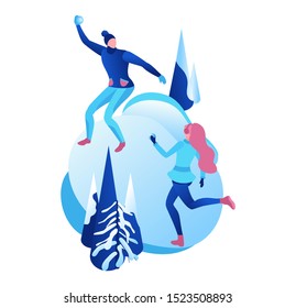 Happy romantic couple, Winter isometric people, man and girl playing snowballs, snowman, 3d vector sport family playing, outdoor activity, snow games, simple design cartoon characters