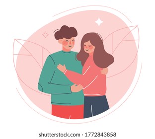 Happy Romantic Couple, Young Man and Woman in Love Hugging Flat Style Vector Illustration