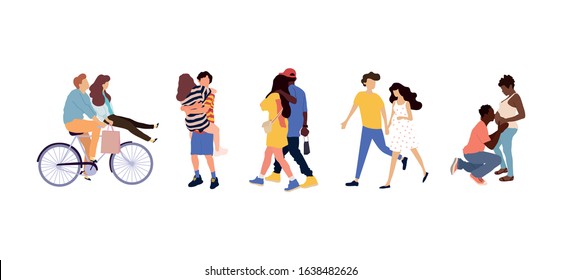 Happy romantic couples and family with pregnant walking together.  Flat cartoon characters isolated on white background. Colorful vector illustration.