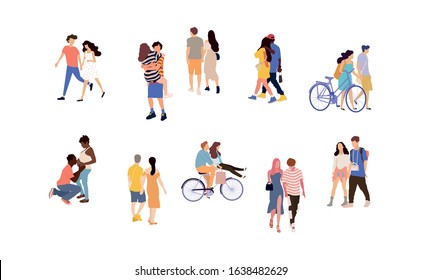 Happy romantic couples and family with pregnant walking together.  Flat cartoon characters isolated on white background. Colorful vector illustration.