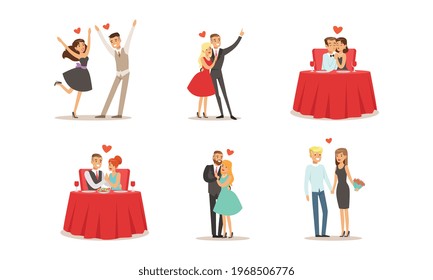 Happy Romantic Couples on Date Set, Young Men and Women Celebrating Holidays, Embracing, Having Fun Together Cartoon Vector Illustration