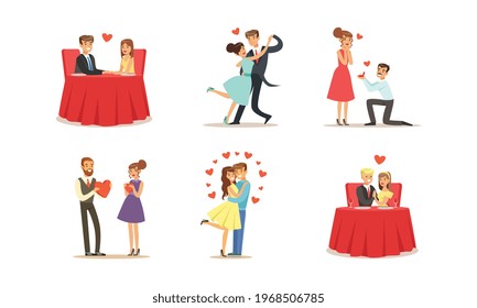 Happy Romantic Couples on Date Set, Young Men and Women Celebrating Holidays, Making Proposal, Dancing Together Cartoon Vector Illustration