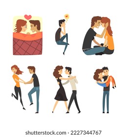 Happy romantic couples set. Young men and women in love hugging, dancing, holding hands cartoon vector illustration