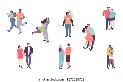 Happy romantic couples walking together or pairs of men and women on date. Flat cartoon characters isolated on white background. Vector illustration.