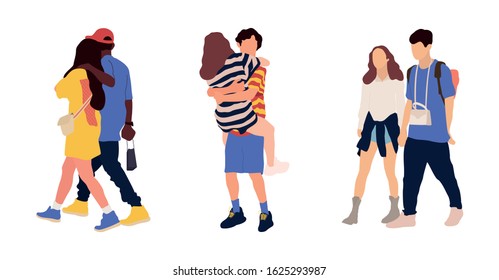 Happy romantic couples walking together.  Flat cartoon characters isolated on white background. Colorful vector illustration.