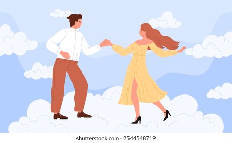 Happy romantic dance of dancers couple on flying cloud in sky. Pair of woman and man dancing together, young elegant boyfriend and girlfriend feeling love and fun on date cartoon vector illustration