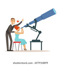 Happy romantic elegant couple in love looking looking at stars in the sky using a telescope colorful characters