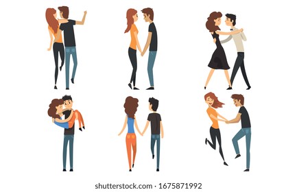 Happy Romantic Loving Couple Collection, Young Men and Women Characters Hugging, Walking and Dancing Vector Illustration