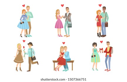 Happy Romantic Loving Couples Collection, Young Men and Women on Date, Walking, Hugging, Giving Gifts and Flowers Vector Illustration