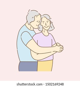 Happy romantic senior couple, 
lovely elderly couple in each other's arms, enjoying, hugging and smiling. Attractive family. Hand drawn vector illustration in doodle style.