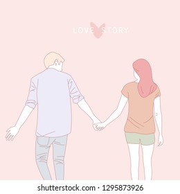 Happy romantic young couple,Holding hands on Valentine's Day,hand drawn style vector cartoon illustration.
