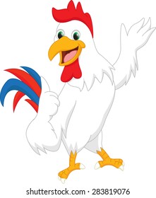 happy rooster cartoon presenting and give thumb up