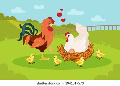 Happy Rooster, Hen And Chickens On Lawn. Family, Nest, Egg Flat Vector Illustration. Farm Animals And Birds Concept For Banner, Website Design Or Landing Web Page