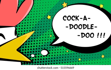 Happy Rooster Year card with bird and text cock-a-doodle-doo. Comics style. Vector 