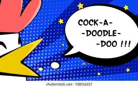 Happy Rooster Year card with bird and text cock-a-doodle-doo. Comics style. Vector 