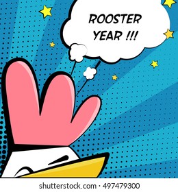 Happy Rooster Year vector card with cock and text cloud. Comics style