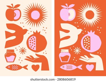Happy Rosh Hashana backgrounds in folk art style. Flat vector design with pomegranate, apple, wine and other holiday symbols. Decorative illustration for greeting cards, social media and posters