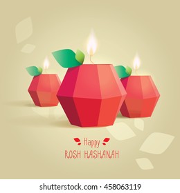 Happy Rosh Hashana jewish new year greeting card template with creative modern polygonal apple shaped candles with bright flames isolated on golden background