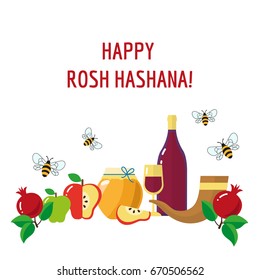 Happy Rosh Hashana. Jewish new year. Red wine, honey, shofar, pomegranate,  apple. Vectoe illustration. 