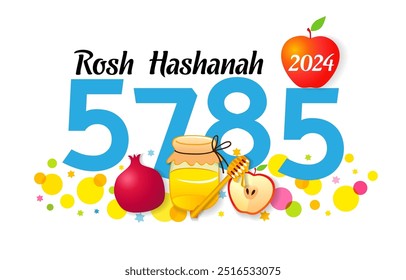 Happy Rosh Hashanah 5785, 2024 Jahr Grußkarte. Shana Tova Poster mit Granatapfel, Honig und Apfel. Feiern Sie jüdisches Neujahr mit Freude und Wärme. Vektorgrafik