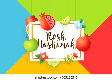 Happy Rosh Hashanah background banner, label and elements for Rosh Hashanah (Jewish New Year). Vector template.