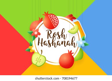 Happy Rosh Hashanah background banner, label and elements for Rosh Hashanah (Jewish New Year). Vector template.