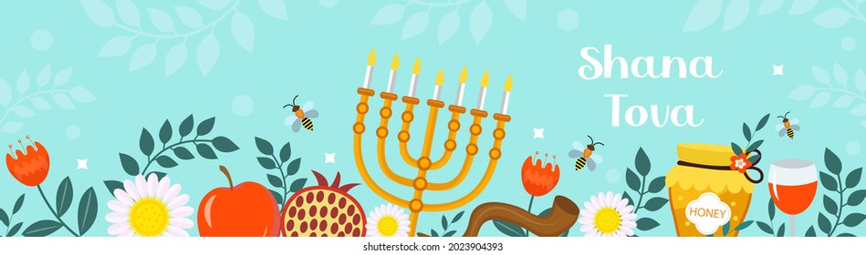 Happy Rosh Hashanah banner. Shana Tova template for your design with traditional symbols and flowers. Jewish holiday. Happy New Year in Israel. Vector illustration