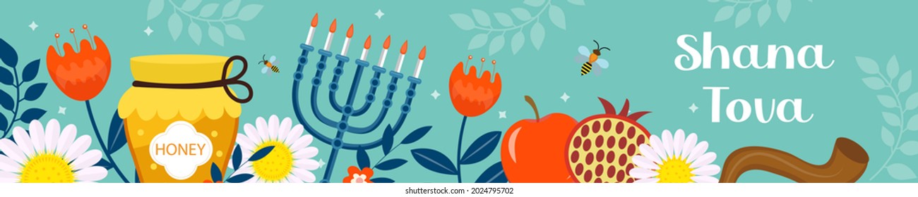 Happy Rosh Hashanah banner. Shana Tova template for your design with traditional symbols and flowers. Jewish holiday. Happy New Year in Israel. Vector illustration