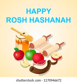 Happy rosh hashanah concept background. Isometric of happy rosh hashanah vector concept background for web design