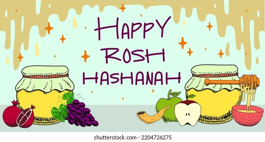 happy rosh hashanah day. banner. illustration. doodle. hand drawing. hand drawn. typography. lettering