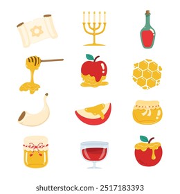 Happy rosh hashanah elements isolated on white background. Vector illustration.