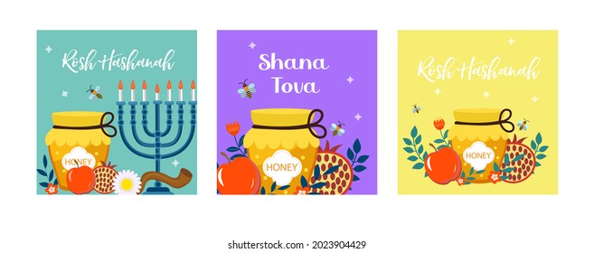 Happy Rosh Hashanah greeting card. Shana Tova template for your design with traditional symbols and flowers. Jewish holiday. Happy New Year in Israel. Vector illustration