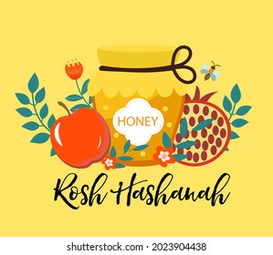 Happy Rosh Hashanah greeting card. Shana Tova template for your design with traditional symbols and flowers. Jewish holiday. Happy New Year in Israel. Vector illustration