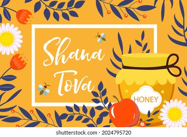 Happy Rosh Hashanah greeting card. Shana Tova template for your design with traditional symbols and flowers. Jewish holiday. Happy New Year in Israel. Vector illustration