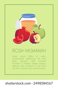 Happy Rosh Hashanah greeting card with jar of honey, apples and pomegranate. Jewish New Year celebration poster vector design with traditional festival symbols