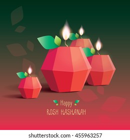 Happy Rosh Hashanah greeting card template with modern polygonal decorative apple shaped candles with bright flame lights isolated on dark background