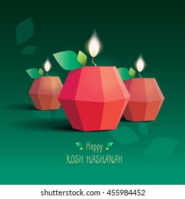 Happy Rosh Hashanah greeting card design template with red polygonal apple shaped candle decorations with bright flames isolated on dark green background