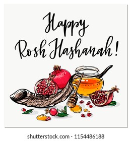 Happy Rosh Hashanah hand drawn vector card, border, background, banner, frame with honey, pomegranate and shofar horn, with handlettered sign