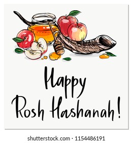 Happy Rosh Hashanah hand drawn vector card, border, background, banner, frame with honey, apples and shofar horn, with handlettered sign