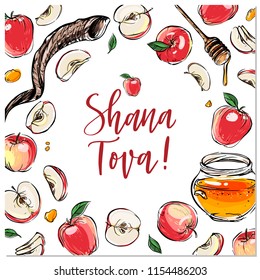 Happy Rosh Hashanah hand drawn vector card, border, background, banner, frame with honey, apples and shofar horn,with handlettered sign Shana Tova! 