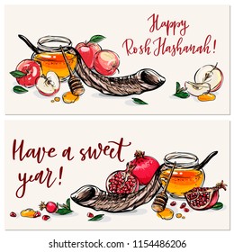 Happy Rosh Hashanah hand drawn vector cards, background, banner with honey, apple, pomegranate and shofar horn with handlettered signs Have a Sweet Year!