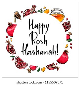 Happy Rosh Hashanah hand drawn vector wreath card, border, background, banner, frame with honey, apples and handlettered sign