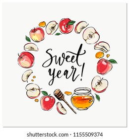 Happy Rosh Hashanah hand drawn vector wreath card, border, background, banner, frame with honey, apples, pomegranate and shofar horn,with handlettered sign Have a Sweet Year! Shana Tova! 