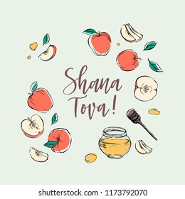 Happy Rosh Hashanah hand drawn vector card, frame, border, background, banner with traditional elements honey, apples, leaves and shofar horn, with handlettered sign Shana Tova! 