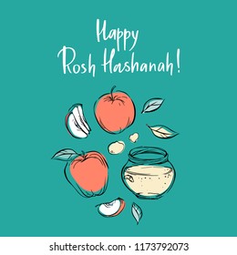 Happy Rosh Hashanah hand drawn vector card, frame, border, background, banner with traditional elements honey, apples, leaves and shofar horn, with handlettered sign