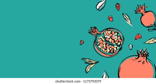 Happy Rosh Hashanah hand drawn vector card, frame, border, background, banner with pomegranate and leaves