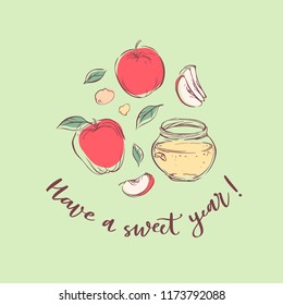 Happy Rosh Hashanah hand drawn vector card, frame, border, background, banner with traditional elements honey, apples, leaves and shofar horn, with handlettered sign Have a Sweet Year! 